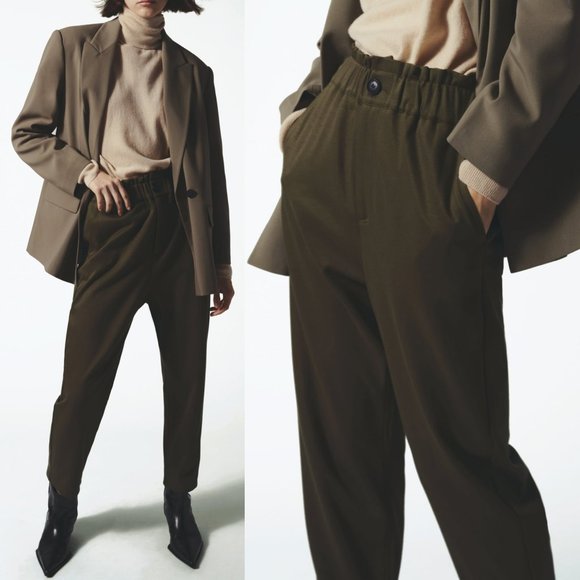 Zara Pants - NEW Zara Olive Green Paperbag Elastic High Waist Comfy Stretchy Trouser Pants XS